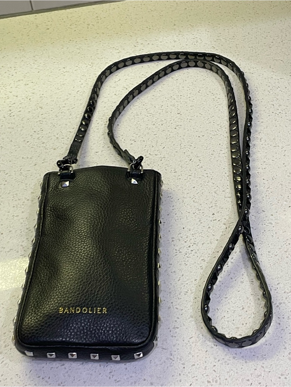 Bandolier Black Studded Leather Crossbody mini bag purse cell phone case - Picture 13 of 16